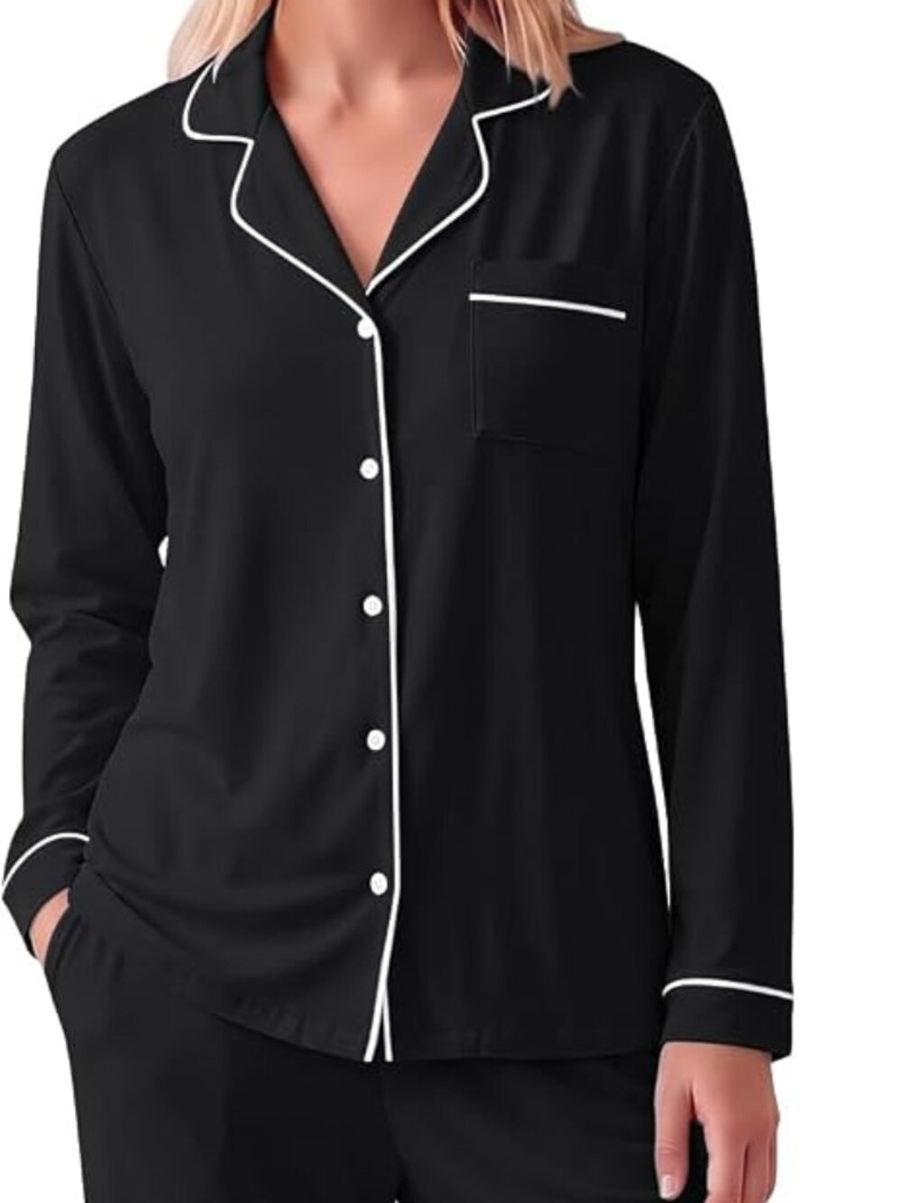 Women Pajama Set Long Sleeve Sleepwear (L) Black White